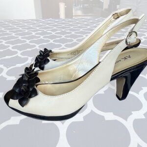 Anne Klein Essense Slingback Pumps Size 7.5 Ivory & Black Peep Toe Heels